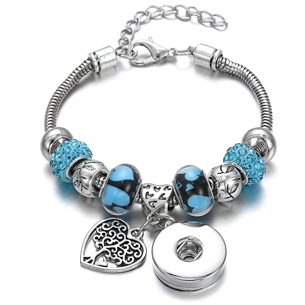 

New Snap Button Bracelet Jewelry Vintage Tree of Life Charms Bracelet Silver Lobster Buckle Snake Chain Bangles Beaded Bracelets