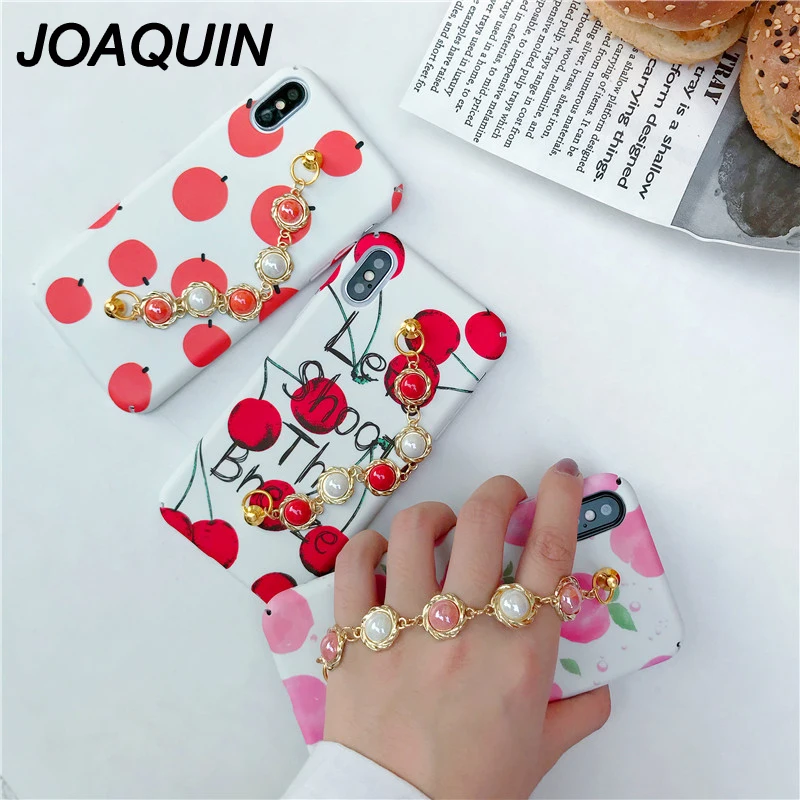

Summer Fruits oranges Peach Cherry Relief Hard Plastic Case For iphone X 6 6S Plus 7 7 Plus 8 8 Plus With Bracelet Pendant Cover