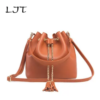 

LJT Brand New Woman Bag Female Simple PU Leather Retro Woman Crossbody Bags Solid Color Fashion Tassel Shoulder Drawstring Bags