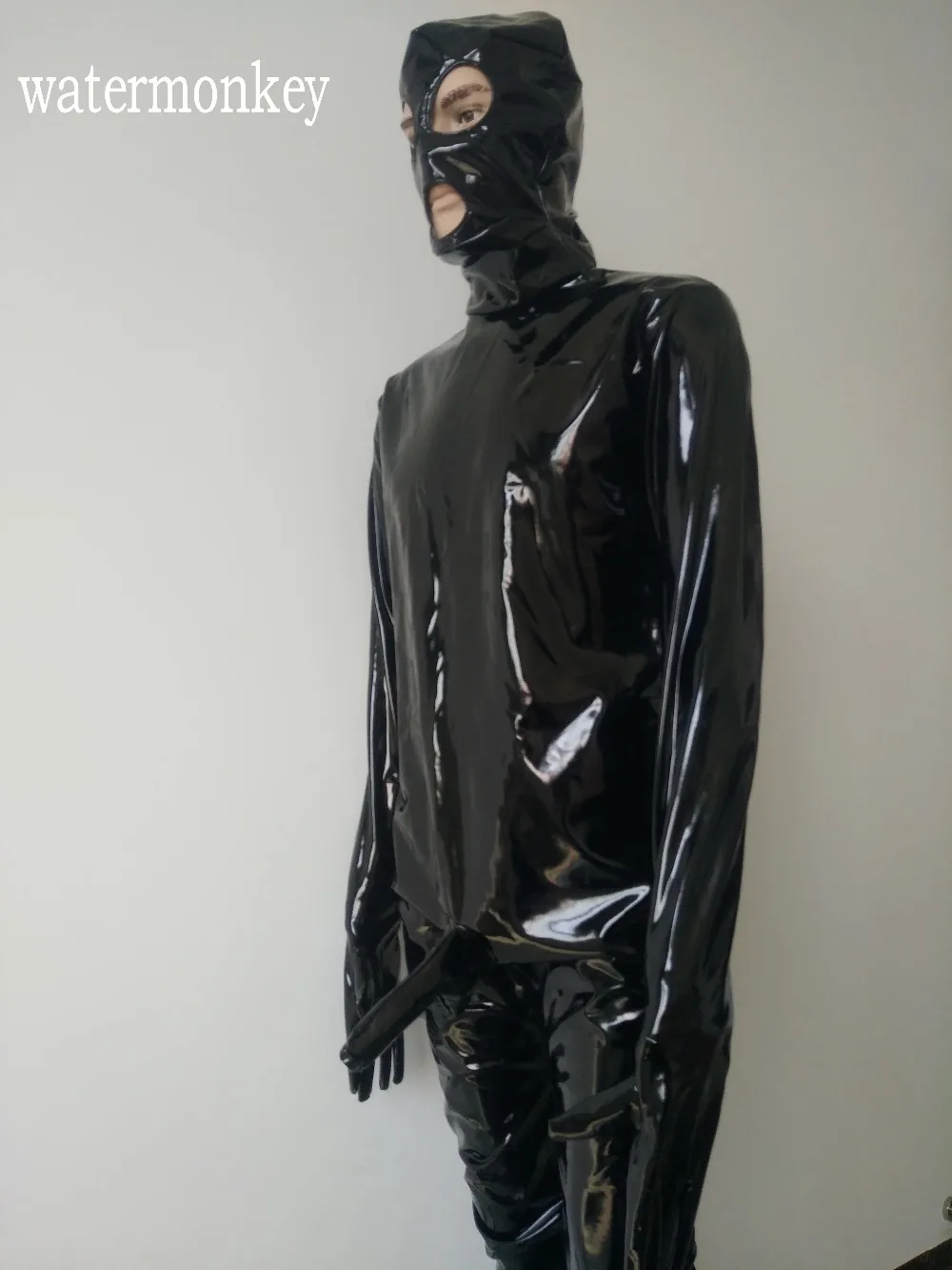 Watermonkey Брендовые костюмы черный цвет, для мужчин сексуальный искусственная кожа из ПВХ одежда с пенисом оболочки Открытый глаз и рта