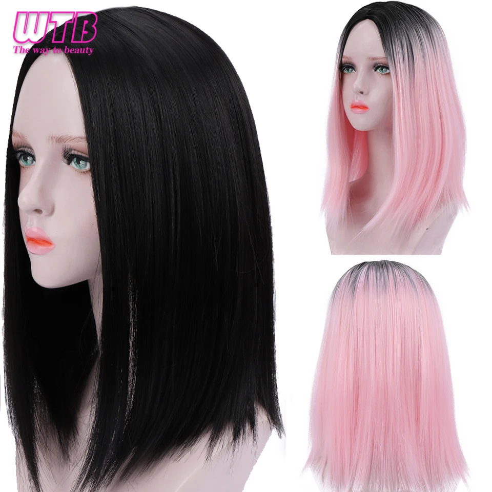 

WTB Medium length Straight Black Wig for Women Heat Resistant Synthetic Wigs for African American Middle Part Wigs