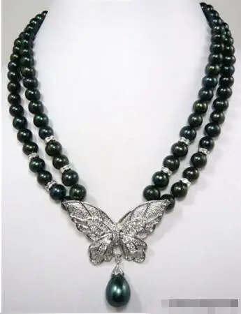 

Hot sale new Style >>>>>2 Rows Black Pearl 18KWGP Crystal Butterfly Pendant Necklace