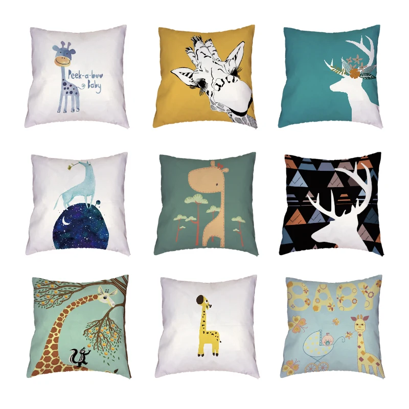 

Fashion Giraffe Christmas Deer White Throw Pillow Cases Polyester Peach Skin Printed Home Decor Squirrel Childlike Cushion Cover