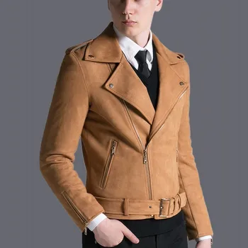 

High Quality Mens Faux Suede Leather Short Jacket Slim Fit Long Sleeve Lapel Collar Zipper Outwear Coat Motorcycle Biker Jackets