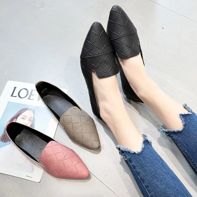 

Spring Autumn Women Flats Rhombic lattice Slip on Flat Shoes Pu Leather Flat Dress Shoes Pointed Toe Ballet Flats Female 7299