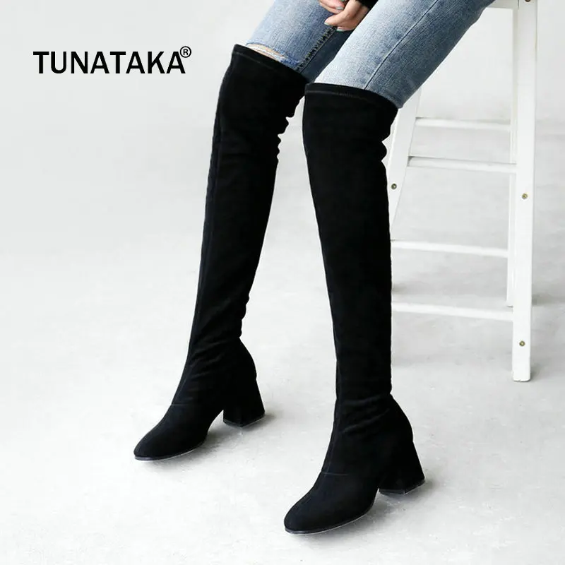 

Suede Low Thick Heel Slip On Woman Over The Knee Boots Square Toe Winter Thigh Boots Fashion Ladies Stretch Boots Black