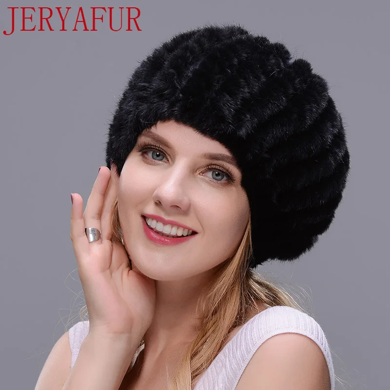 JERYAFUR, новинка, береты, шапка, норковый мех, вязаная шапка, мех норки, шар, зимняя защита, уши, женская шапка, теплая - Цвет: COLOR2