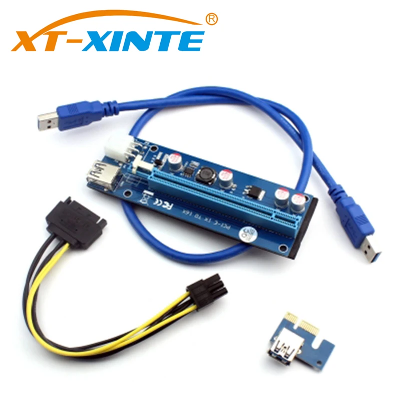

PCI-E 1X to 16X Riser Card 6Pin 4Pin PCIE USB3.0 SATA Extension Adapter Card Power Cable 60cm for Bitcoin Miner Mining BTC