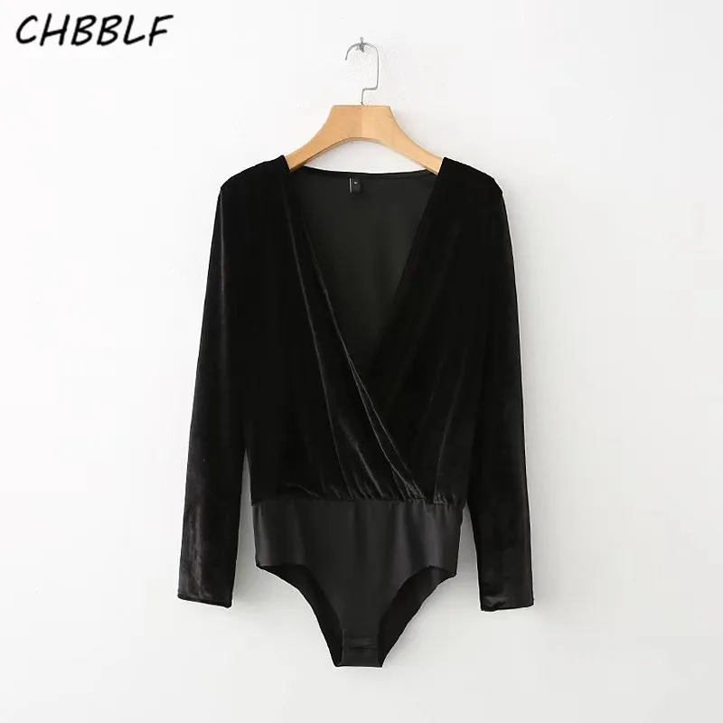 Женское бархатное боди с V образным вырезом и длинным рукавом|sleeve playsuit|fashion