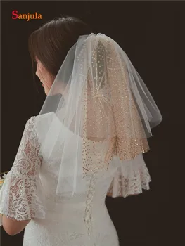 

Three Layers Short Bridal Veil with Gold Sequins Shoulder Length Veil with Comb Cut Edge Lovely Veil Short V37