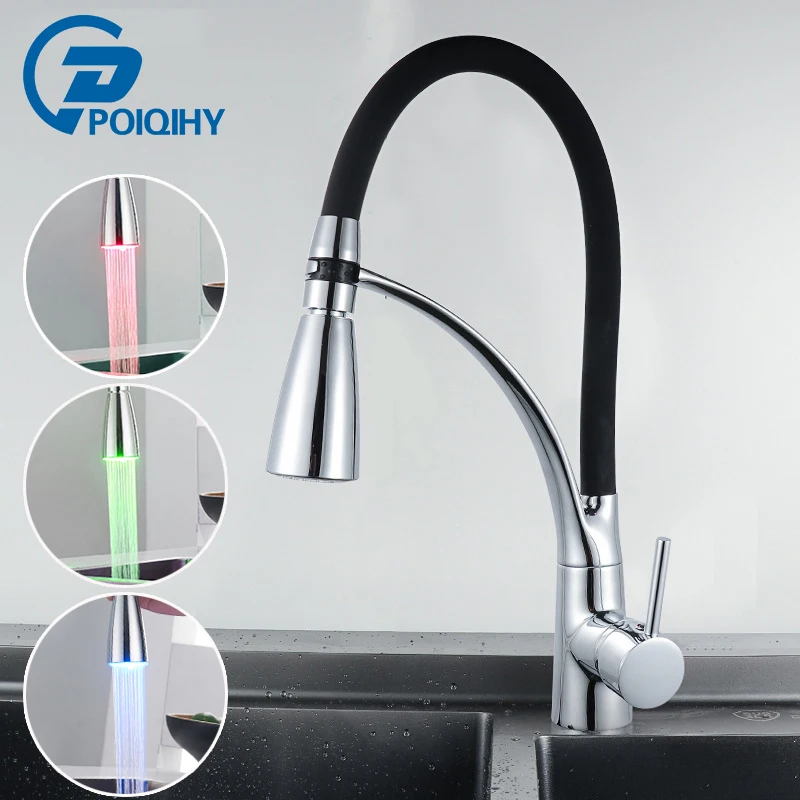 

POIQIHY LED Chrome Polished White Pipe Sink Kitchen Faucet Deck Mounted Single Handle Single Hole Cold and Hot Water Mixer Tap