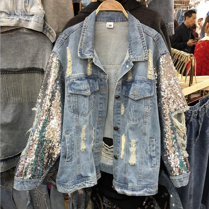 

MexeMara fashion The New Heavy work Sequin Loose Hole Denim jacket free Shipping