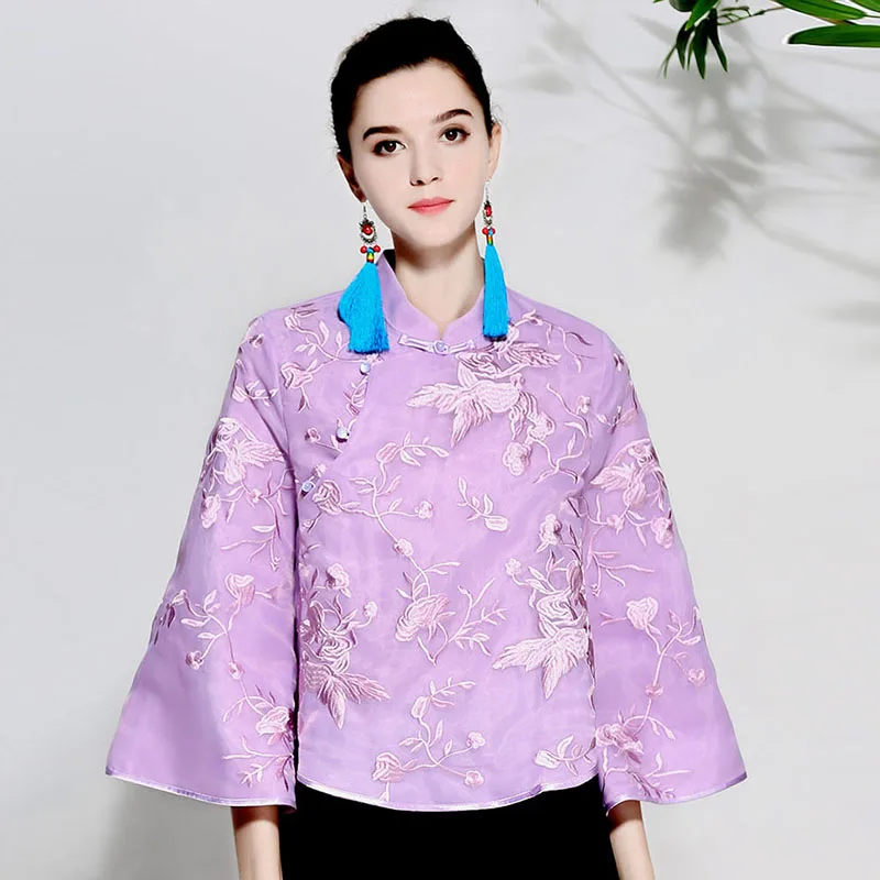 Women royal embroidry organza blouse shirt tops spring summer 2018