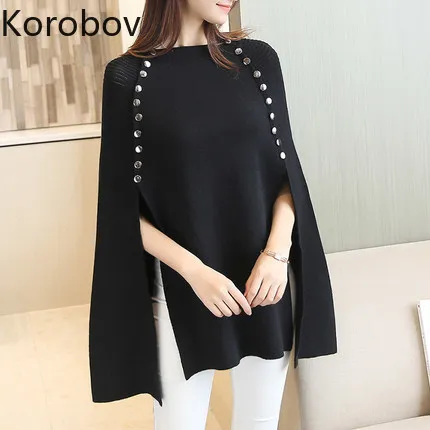 

Korobov Pullovers Women Cloak Autumn New Knitted Double Breasted Oversize Sweaters Batwing Sleeve Solid Sueter Mujer 78524