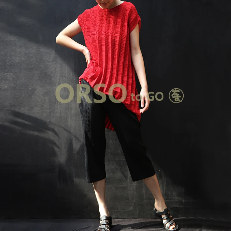 Very Cheap y64LD Changpleat 2019 Summer New Women Loose Dress Miyak Pleated Fashion Design Short sleeve O neck Solid Large Size Female Dress Tide