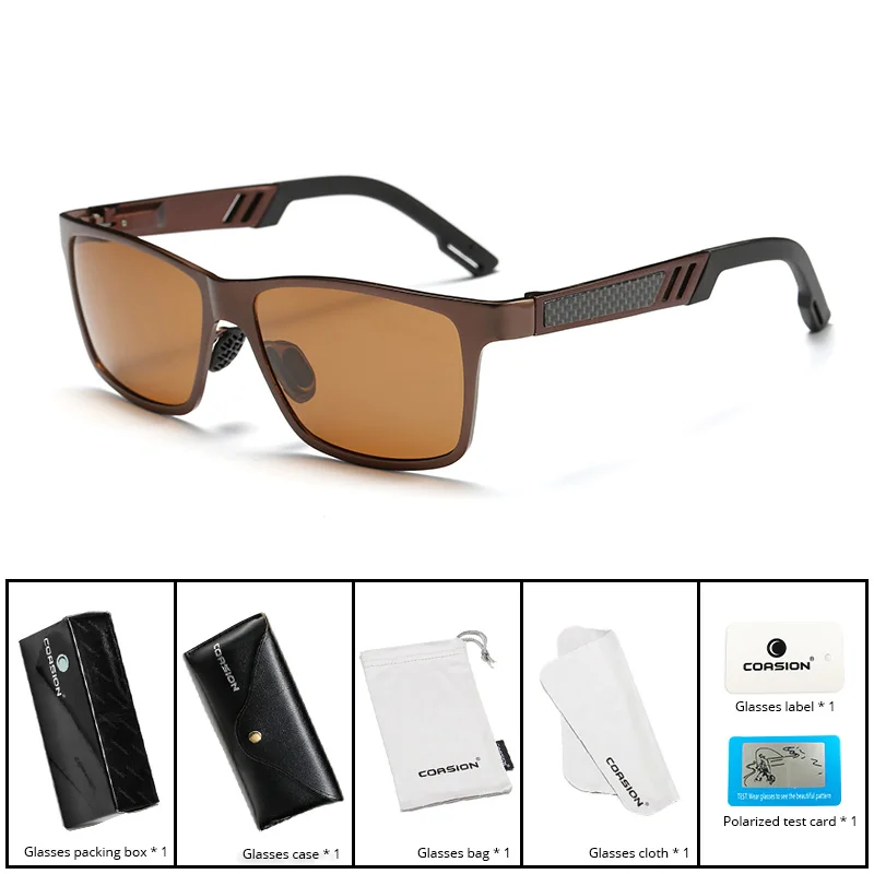 COASION мужские поляризованные солнцезащитные очки из алюминия и магния, солнцезащитные очки для вождения, прямоугольные Оттенки для мужчин, мужские очки CA1241 - Lenses Color: C3 Brown Brown Box