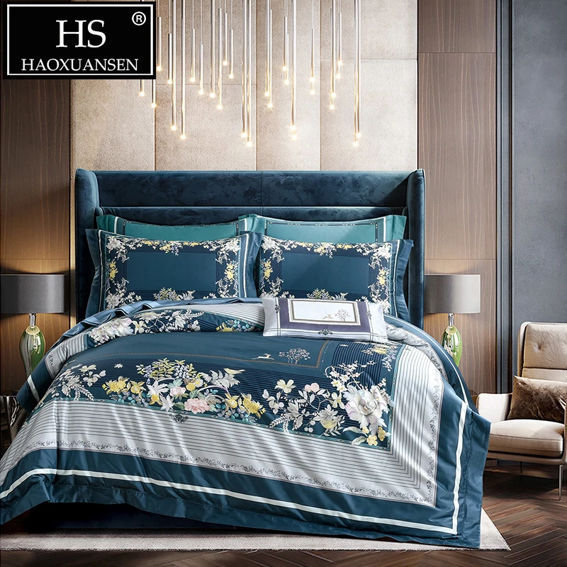 Luxury Dark Blue 100 Cotton Bedding Sets 4pcs Plant Flower Stripe