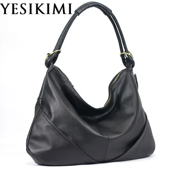 

2019 New Fashion Genuine Leather Women's Hobos Bag Half Moon Black Handbag Large Size 50*33cm