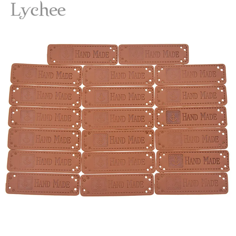 

Lychee 20pcs Hand Made PU Leather Labels Square Anchor Embossed Tags for Garment Bags DIY Sewing Accessories