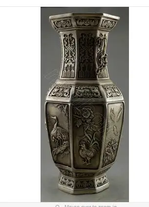 

2pcs Collectible Decorated Old Handwork Tibet Silver Carved Crane Eagle Flower Vase Garden Tibetan Silver Bronze decoration