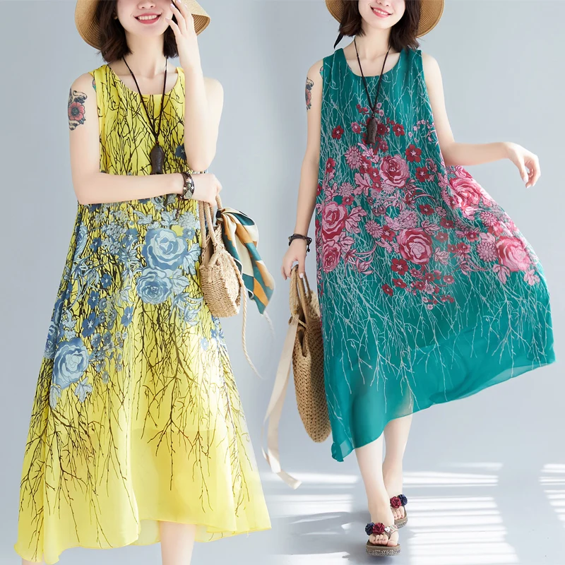 

2019 New Summer Women Dress Plus Size Floral Print Chiffon Sleeveless O-Neck Casual Beachwear Sundress