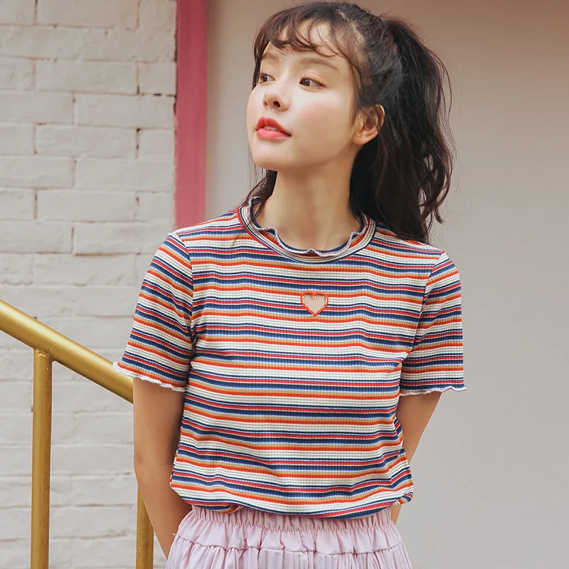 

Embroidery Love Heart Cut Hollow Striped Kawaii Korea T-Shirt Top