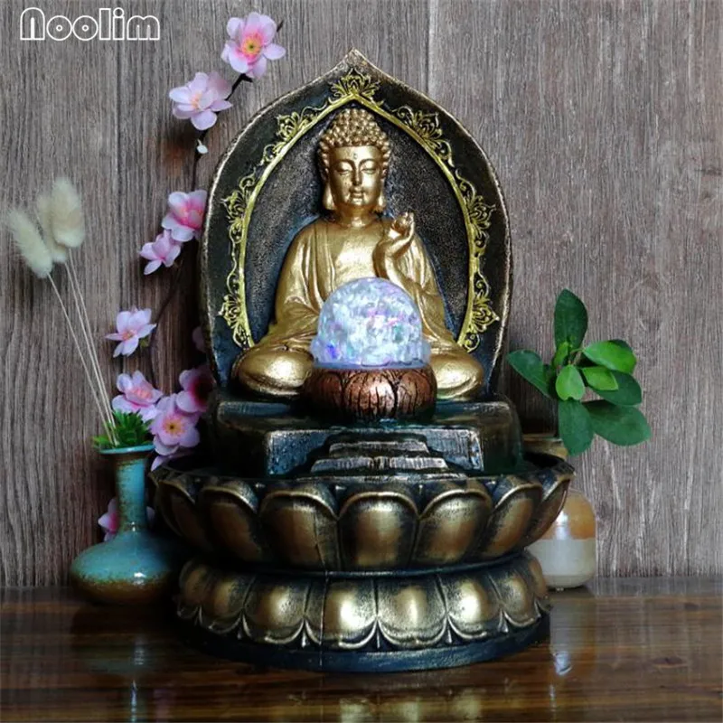 Resin Ancient Buddha Water Fountains Feng Shui Wheel With LED Ball Home Office Tabletop Water Fountain Figurines Decoration