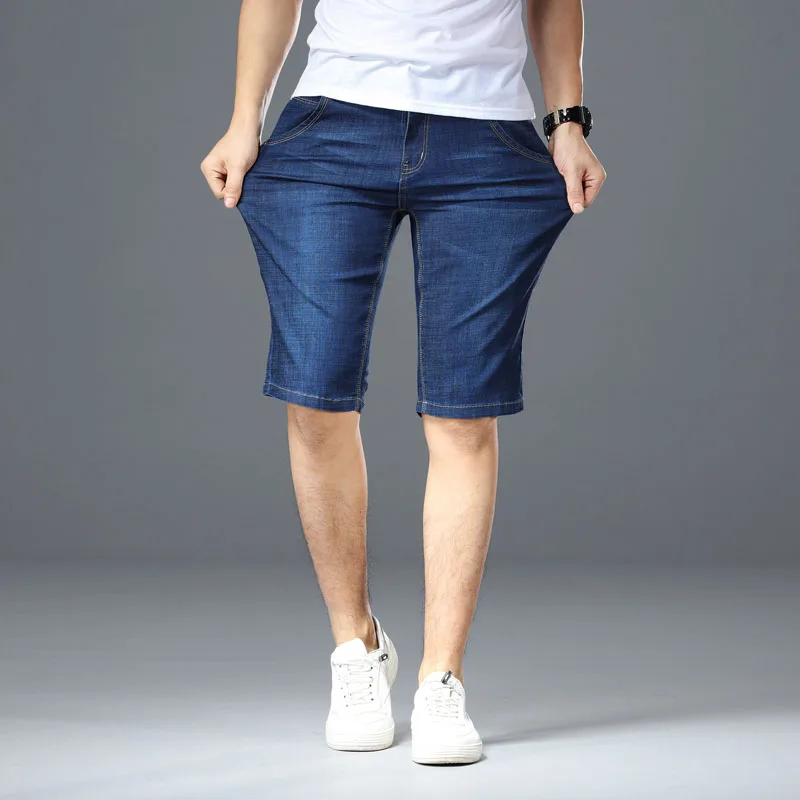 Большие размеры 40, 42, 44, 46, мужские джинсовые шорты, лето, новая мода, деловые эластичные облегающие шорты для джинсов, Мужская брендовая одежда - Цвет: Dark blue