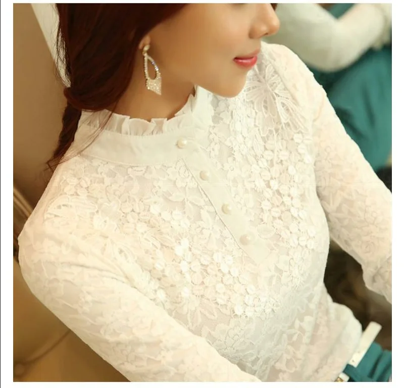 Белый New Women Lace Embroidery Blouse Feminine Black Lace Primer Long Sleeves Shirt Plus Size 3XL Tops Blouse - Цвет: Белый