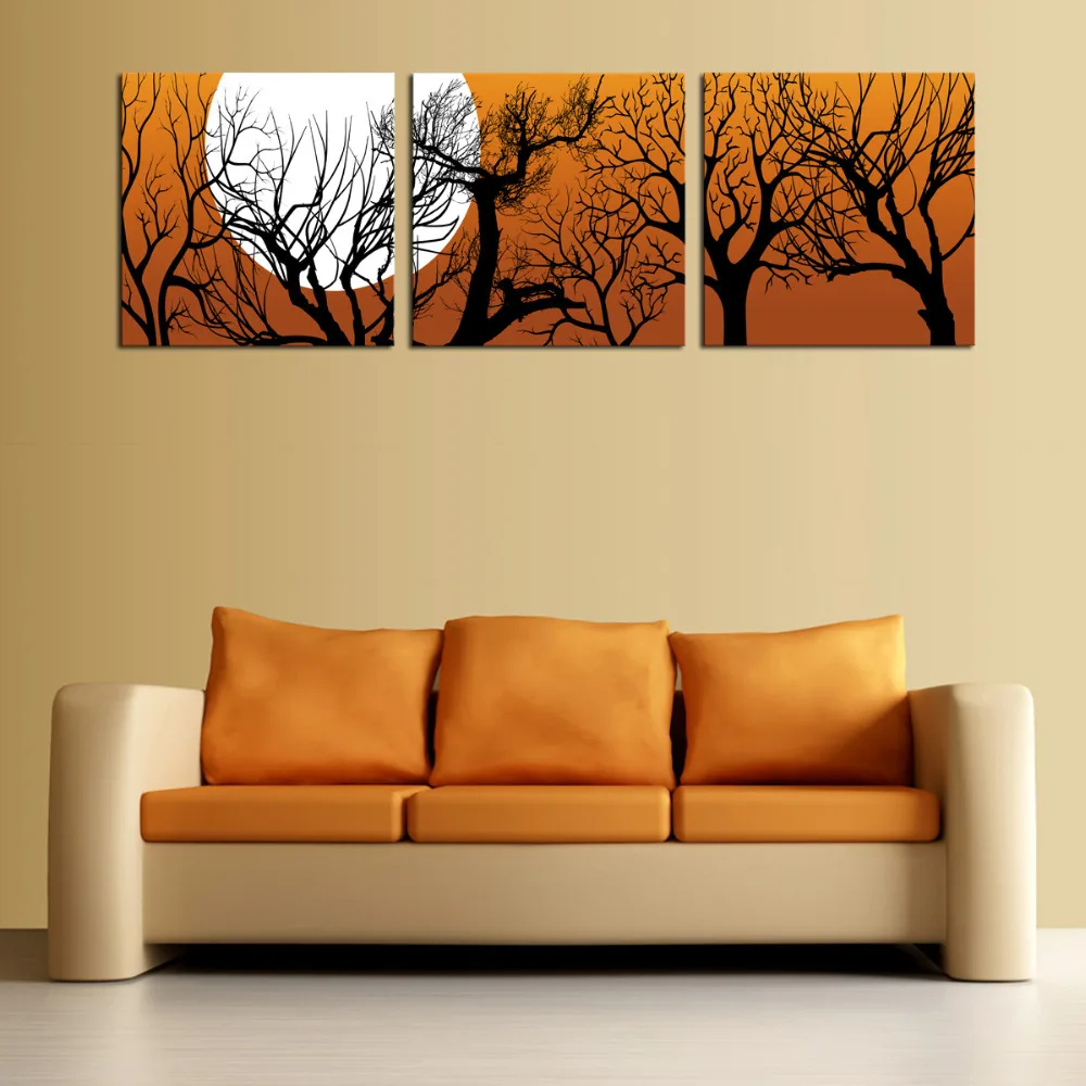 Hot Sell 3 Pieces Wall Art Square Canvas Painting Modern Moon And Trees