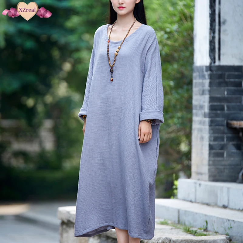 Long Cotton Linen Dress Women Winter Loose Dresses Batwing Sleeve Long