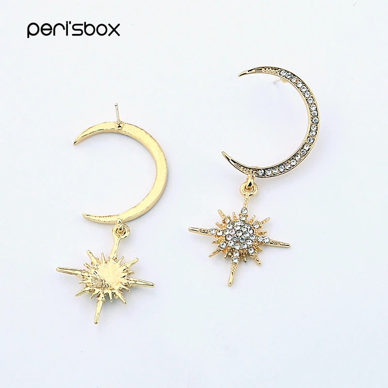 Женские винтажные серьги Peri'sBox золотистые подвески с Луной и звездой стразы