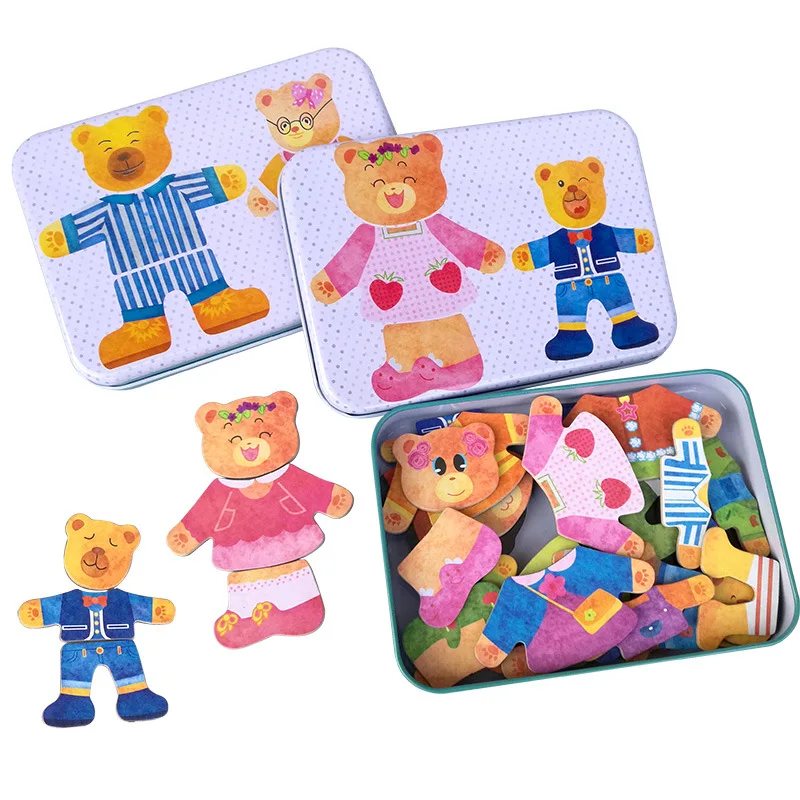 

2 Styles Magnetic Bear Family Dress Jigsaw Puzzle Game Wooden Puzzles Tin Box Educational Toy for Children kids Baby Wooden Toys