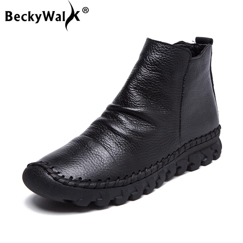 BeckyWalk/сезон осень-зима; зимние сапоги из натуральной кожи; женская обувь с круглым носком; повседневные женские ботильоны; мокасины; Botas Mujer; WSH3069