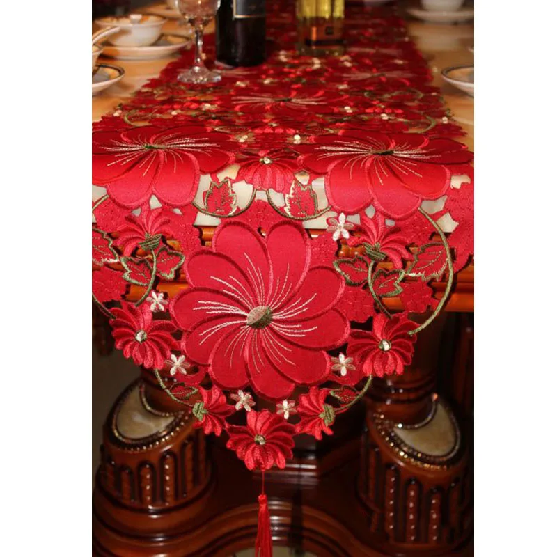 

Red Wedding Table Runner Floral Handmade Embroidered Table Runner Luxury Table Runners For Event Party Decoration