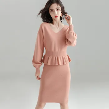 

Elegant Women Suits Autumn Winter 2 Piece Sweater Slip Dress Suits V Neck Jumpers Knitted Suits Vintage Two Piece Sets Skirt