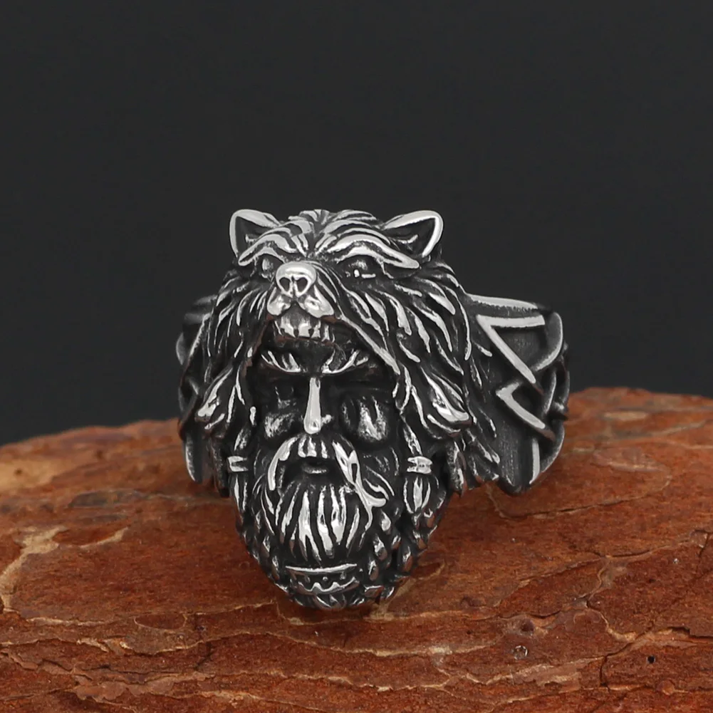 

Nordic Viking amulet odin face wolf Geri and Freki Amulet Stainless Steel Ring with Valknut Rune Gift Bag