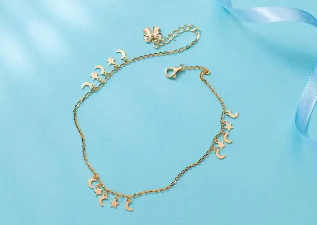 100% Real. 925 Sterling Silver Fine Jewelry Tinny Star &Moon Crescent Anklet Bracelet Golden Color GTLS577