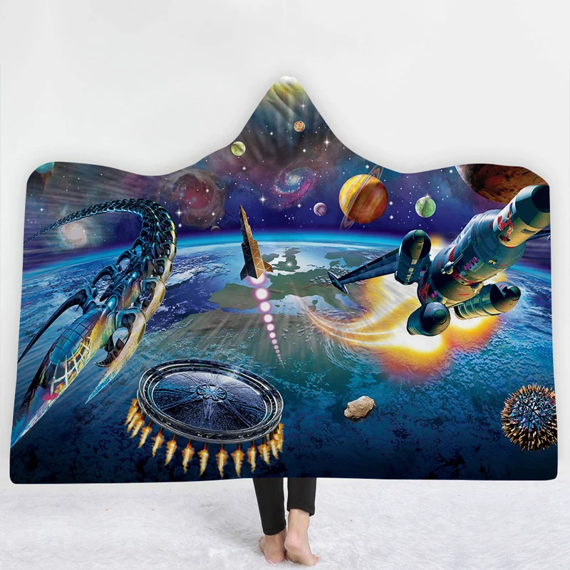 

New 3D Blanket Hooded Blanket Outer Space Planet 3D Printing Wearable Portable Winter Warm Home Hotel Adult Blankets
