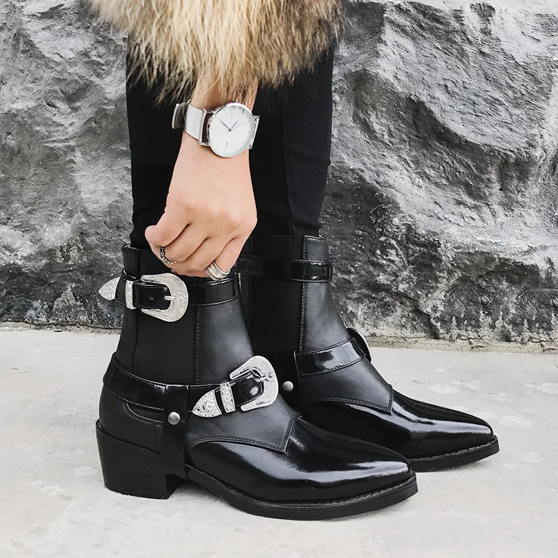 

SKYYUE New Genuine Leather Metal Buckle Strap Women Boots Pointed Toe Cowboy Punk Autumn Winter Boots Shoes Women