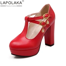 

LAPOLAKA High Quality Big Size 33-43 Customized Buckle Strap Women Shoes Pumps Sexy Chunky High Heels Red Pumps Shoes Woman