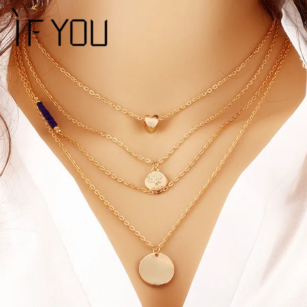 

IF YOU Classic Multilayer Link Chain Beads Body Necklace Alloy Gold Color Heart Tree Pendant Necklaces Fashion Jewelry For Women