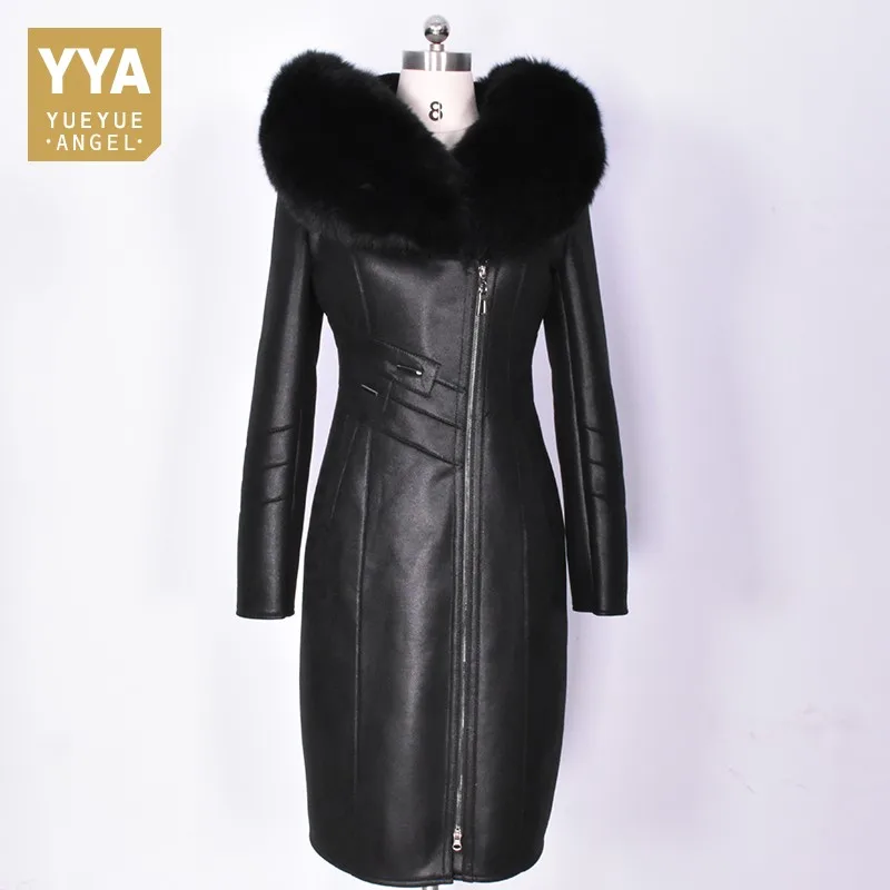 Top Brand Women Maxi Long Real Fur Jacket Plus Size 8XL Slim Fit Leather Overcoat Fox Fur Hoody Winter Coat Ladies Warm Parka