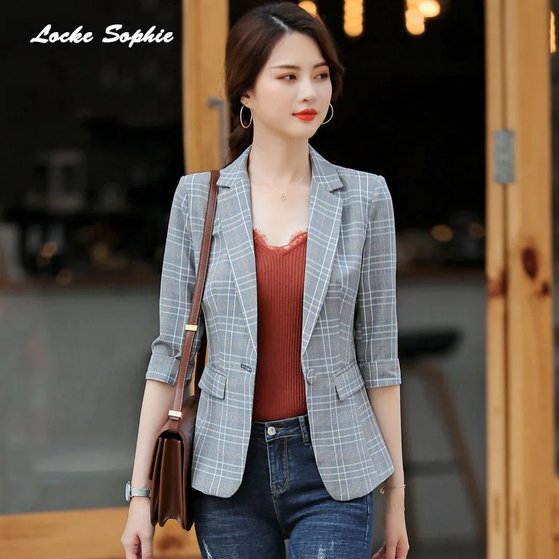 1pcs Women Plus size Blazers coats 2019 Summer cotton blend plaid Slim fit Small Suits jackets ladies Skinny Blazers Suits coat