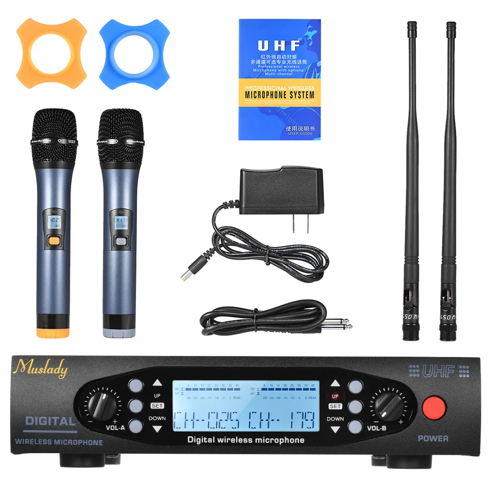 

Professional Digital UHF Wireless Handheld Microphone Mic System Dual Channels LCD Display Receiver 2 Microphones for Stage