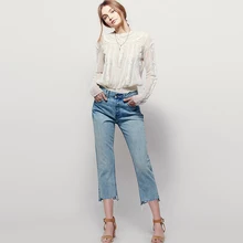 Свободные свет мыть Высокая талия кнопка карман укороченные брюки модные синие брюки с; повседневные узкие прямые джинсы