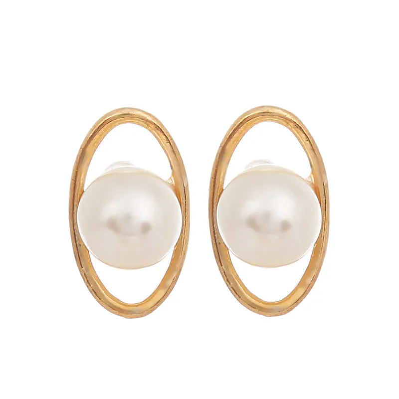

2016 Fashion Elegant OL Big Gold Hollow Oval Pearl Stud Earrings Beads Ball Pearl Pierced Oval Stud Earrings For Women Jewelry