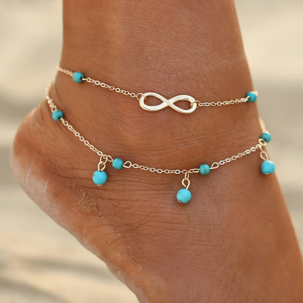 Beach Anklets Charm Bead Ankle Women Turquoise Dangle Silver Anklet