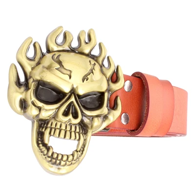 Golden buckle orange Модный мужской ремень в стиле панк, ремень с изображением черепа, тяжелый металлический ремень в стиле рок, ремень с пряжкой в виде черепа, кожаный пояс из коровьей кожи, мужской подарок - Цвет: Golden buckle orange