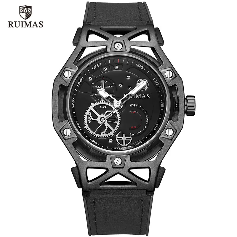 RUIMAS Мужские кварцевые часы с кожаным ремешком, розовое золото, Роскошные Водонепроницаемые наручные часы от ведущего бренда, мужские часы, Relogios Mascuinos 534 - Цвет: RL534G-Black